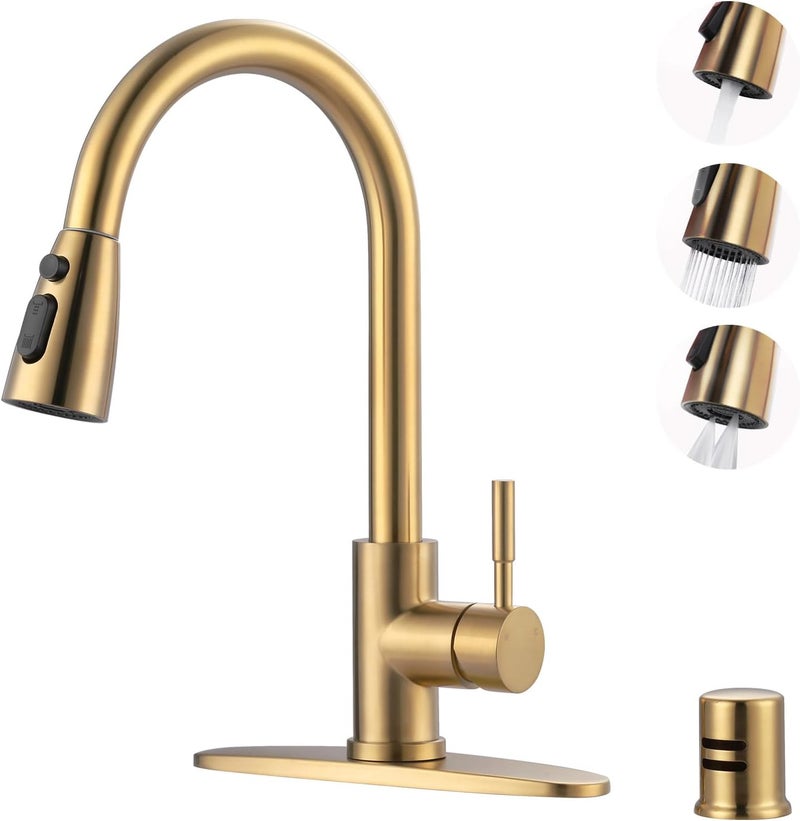 WOWOW Kitchen Faucet with Air Gap: Stainless Steel Kitchen Sink Faucet and Dishwasher Air Gap Kits for Kitchen Sink 2 or 4 Hole, Brushed Gold Kitchen Faucet Combo with Sprayer - Image 1